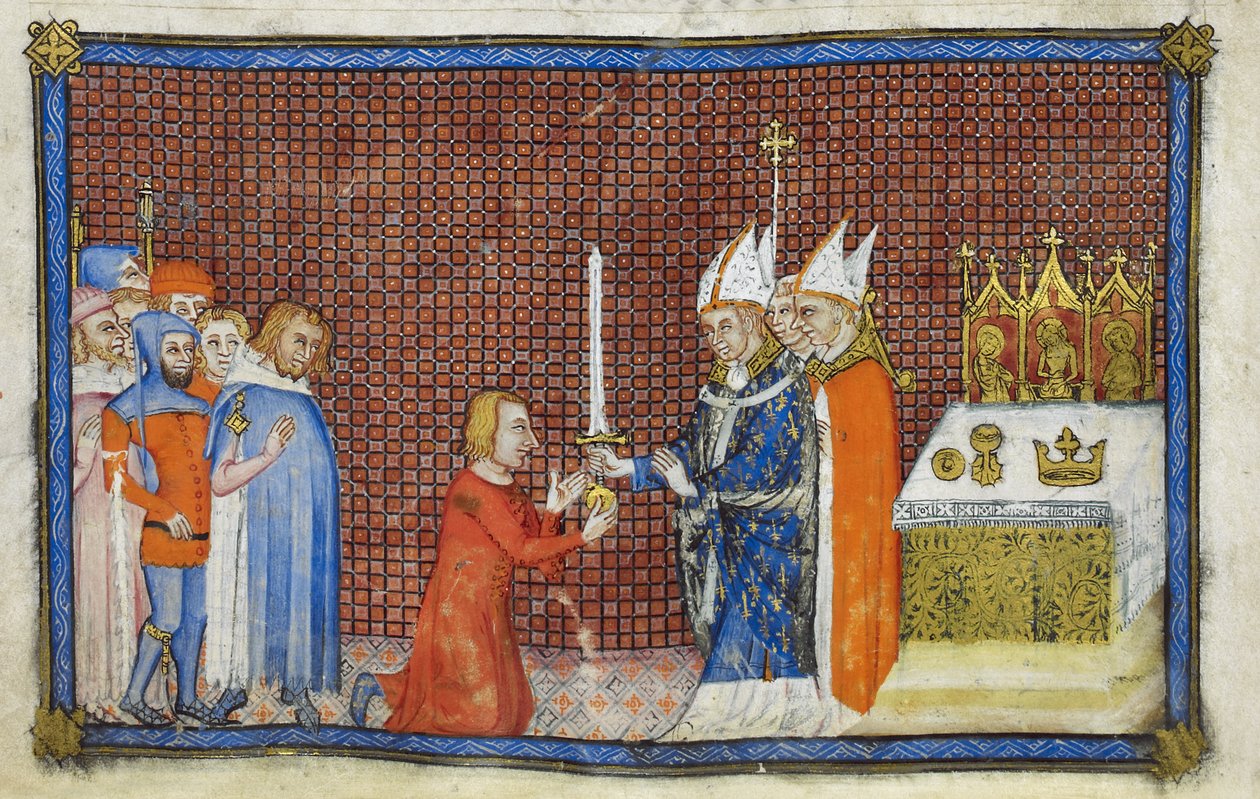 Der Erzbischof von Reims gibt das Schwert an den König zurück, Illustration aus 