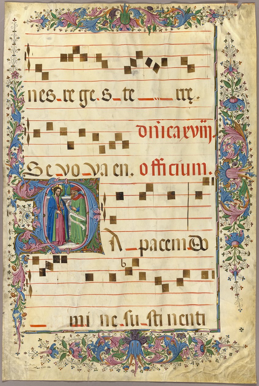 Page from a Choirbook with Christ and a Pharisee in a Historiated Initial D by Master of the Cypresses