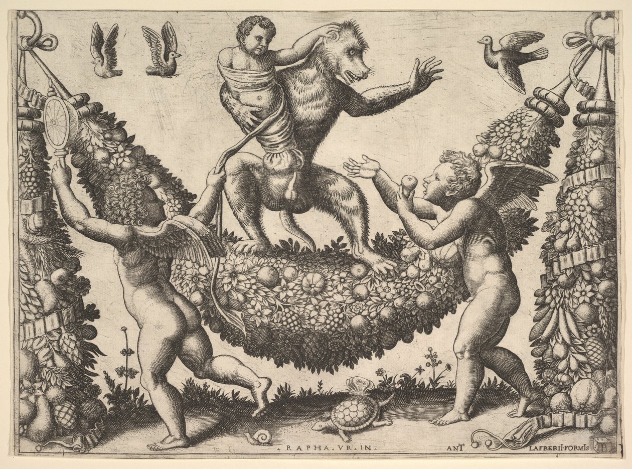 A Monkey Holding a Bound Putto Standing on a Garland by Master of the Die