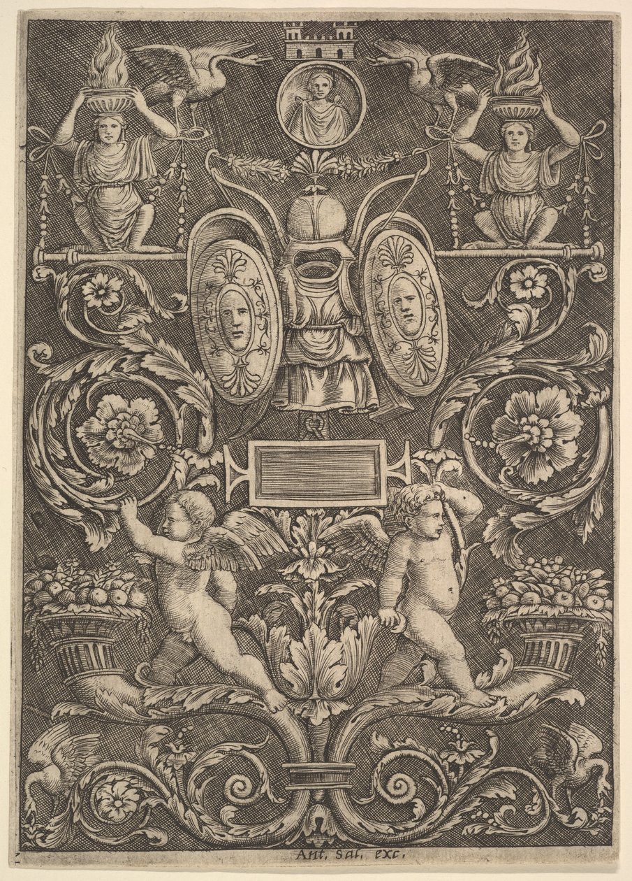 A Panel of Ornament, Putti Standing on Cornucopia by Master of the Die