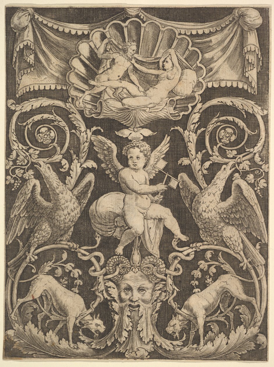 A Panel of Ornament with a Putto in the Centre Holding a Windmill, 1532 by Master of the Die