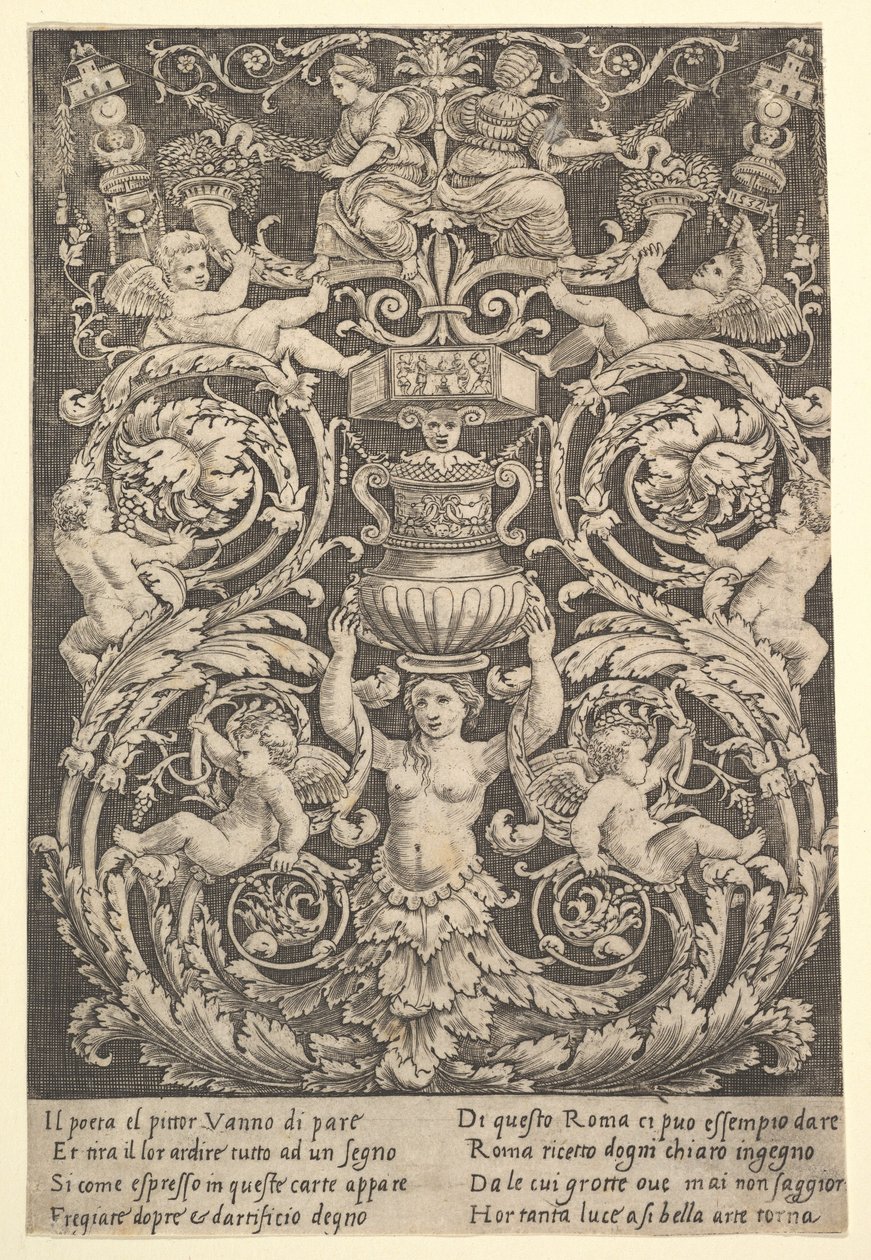 A panel of ornament with a woman holding a vase in centre by Master of the Die