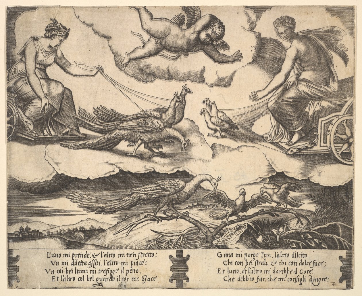 Allegory of Marriage and Love, Juno in a Chariot Drawn by Peacocks at Left, Venus, 1530-60 by Master of the Die