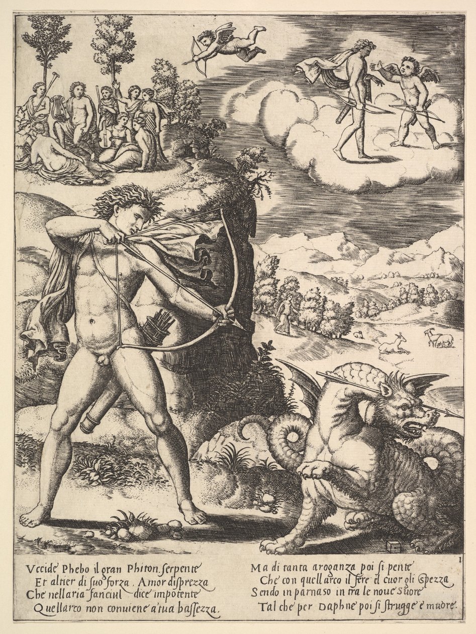 Apollo standing at left shooting a python with an arrow, above to the left are the muses, 1530-60 by Master of the Die