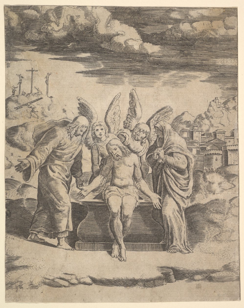 Christ seated on the tomb supported by angels, 1530-60 by Master of the Die