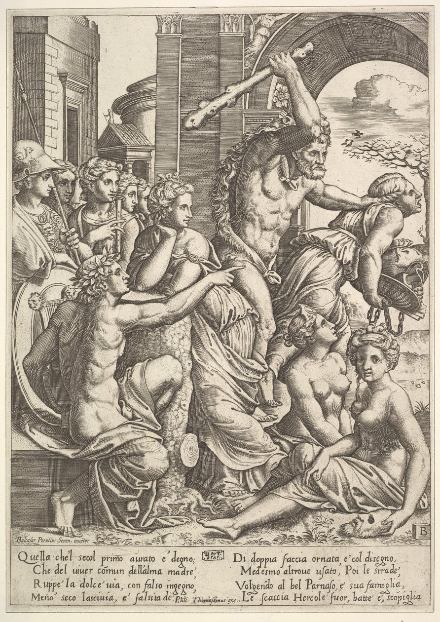 Envy or Avarice at the right being driven from the temple of the Muses by Hercules (detail) by Master of the Die