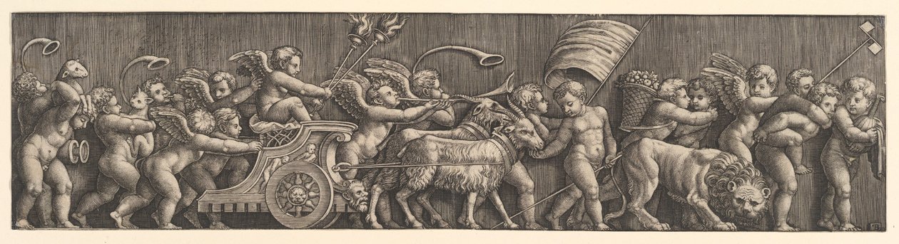 Frieze arrangement depicting the Triumph of Love, Cupid in a Chariot led by goats, man, 1530-60 by Master of the Die