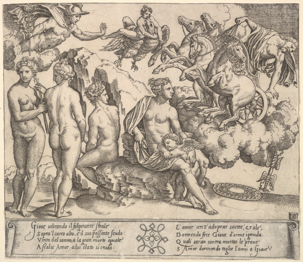 Jupiter tumbling from a horse-drawn carriage at right, Ganymede in the form of an eagle by Master of the Die