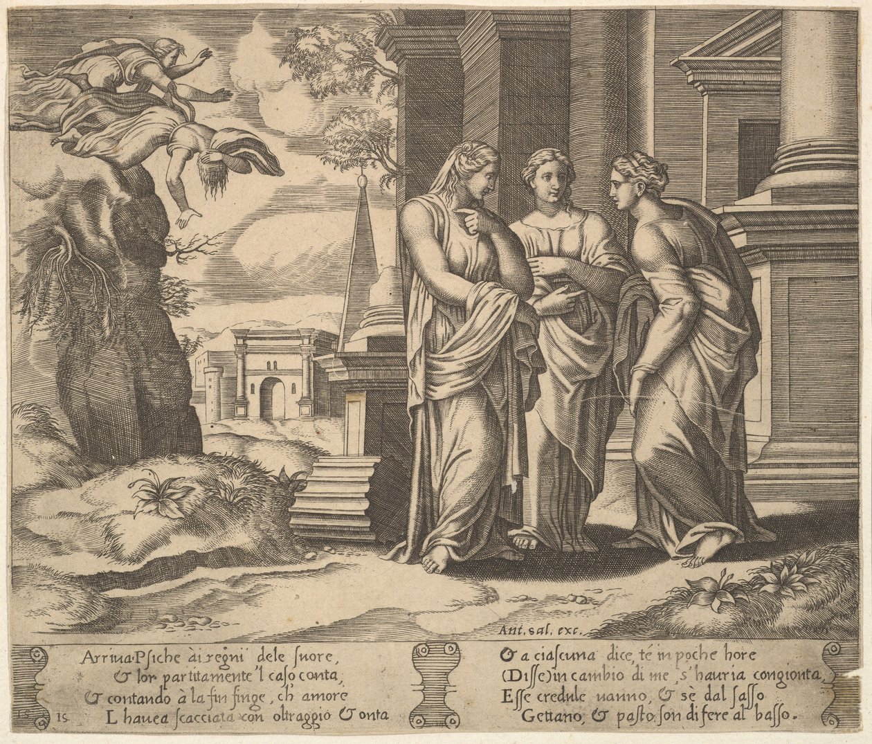 Plate 15: Psyche Relating Her Misfortunes to Her Sisters, from The Fable of Psyche by Master of the Die