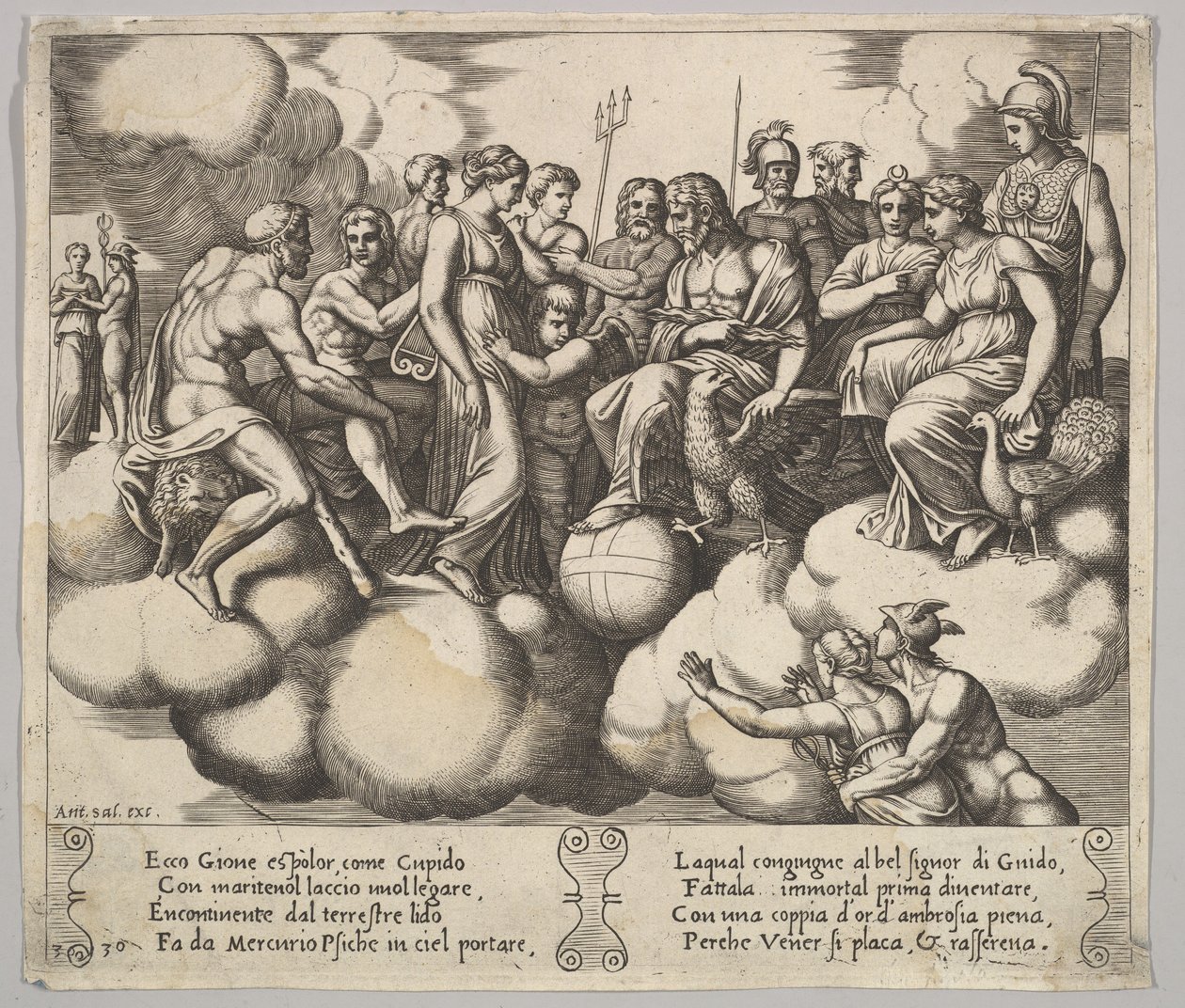 Plate 30: Venus and Cupid pleading their case in the presence of Jupiter and other Gods by Master of the Die