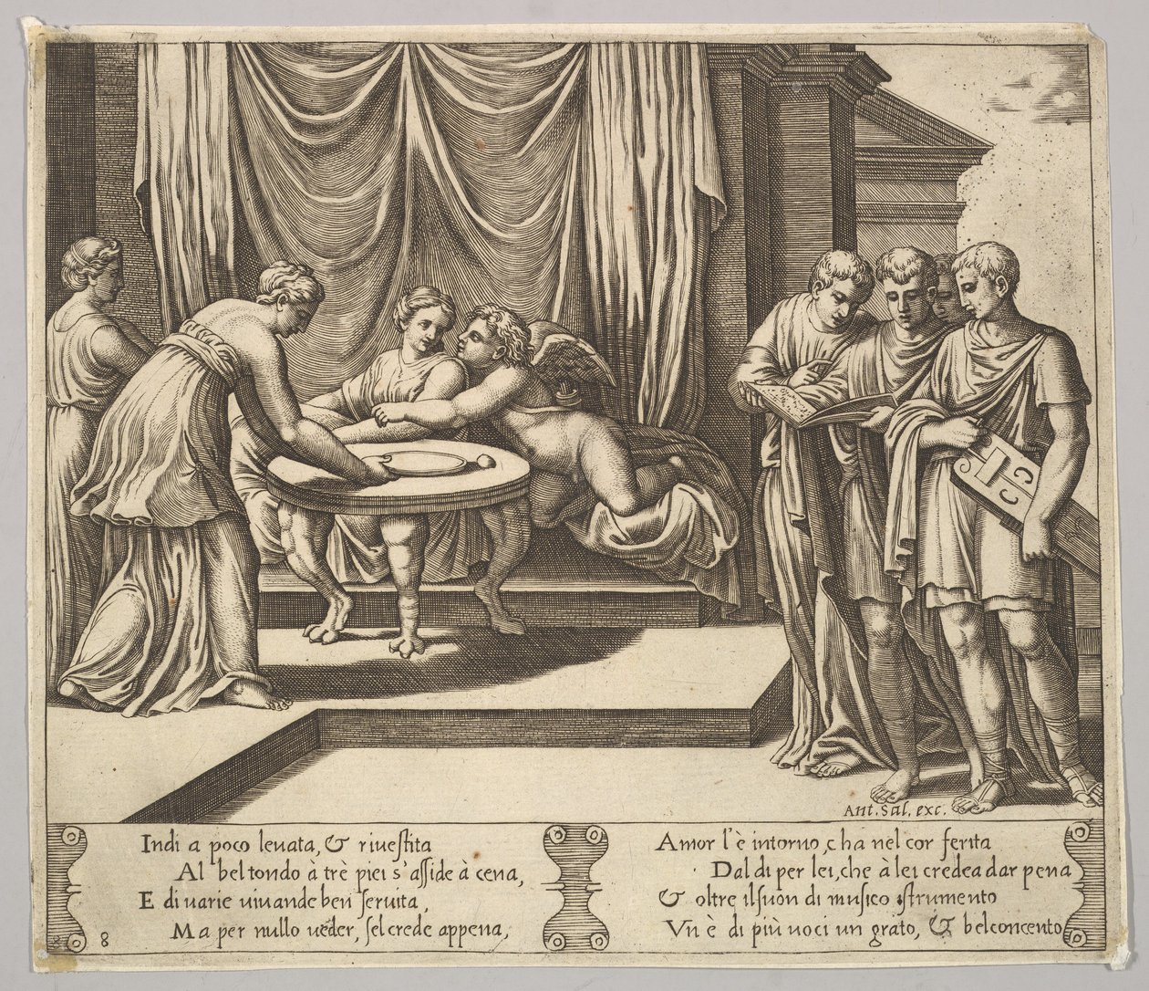 Psyche seated at a table and attended by invisible servants, Eros beside her by Master of the Die