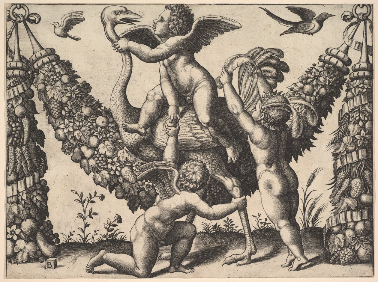 Three putti before a large garland, the one in the middle rides an ostrich, ca. 1530-40 by Master of the Die