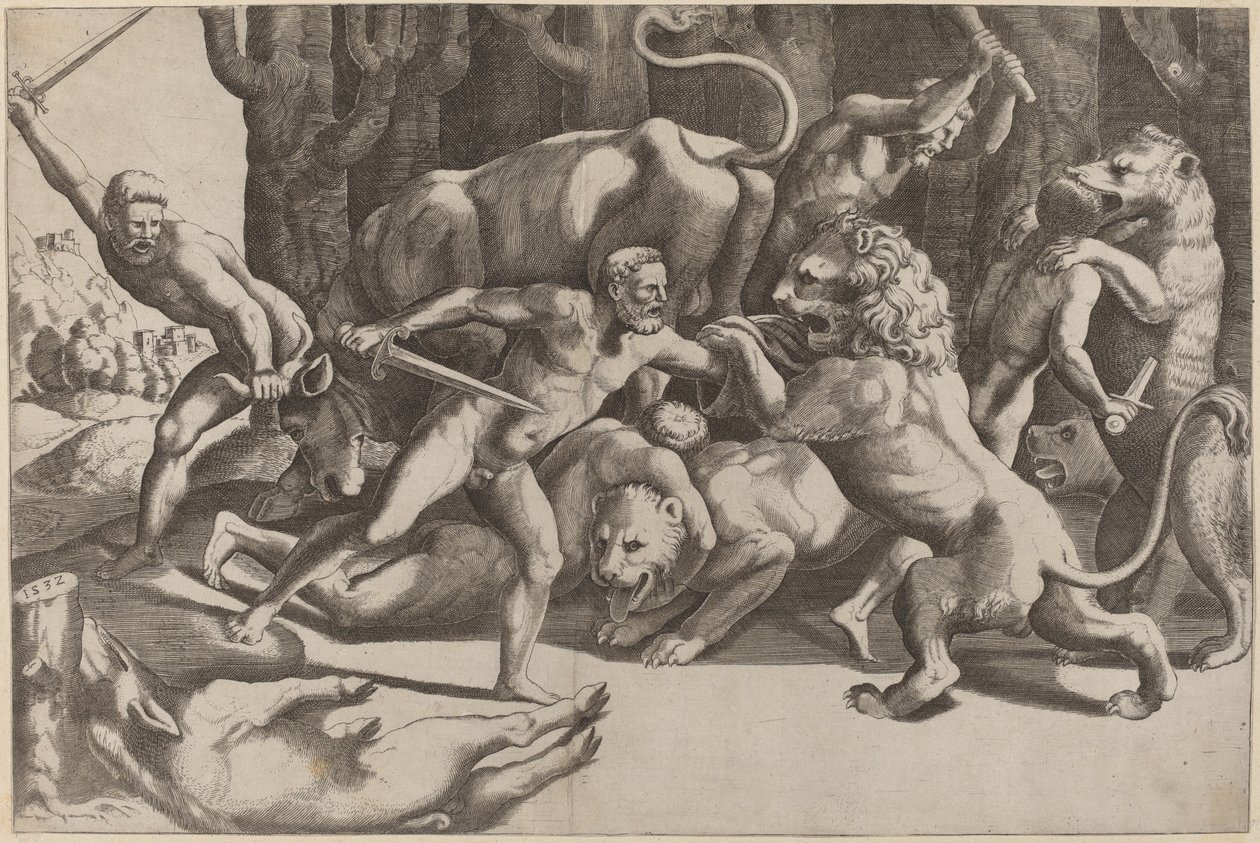 Five Men Fighting Beasts by Master of the Die after Giulio Romano