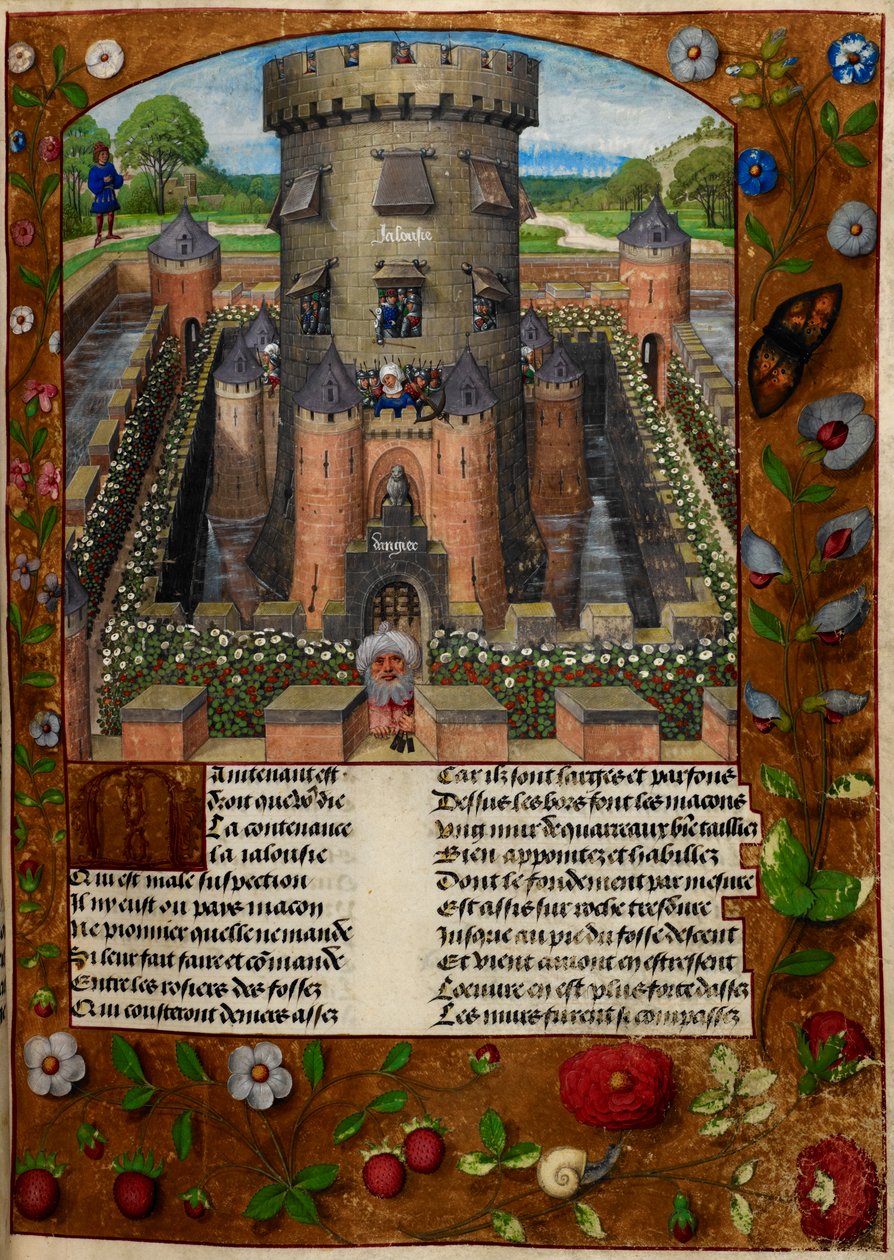 Bel Acueil (Fair Welcome) imprisoned by Jalousie (Jealousy) in a tower guarded by soldiers, from 