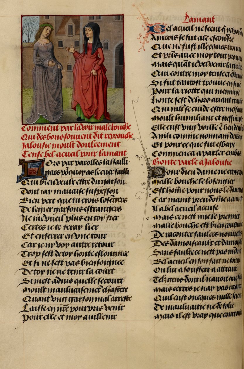Jalousie (Jealousy) Speaking to Bel Accueil (Fair Welcome) by Master of the Dresden Prayer Books