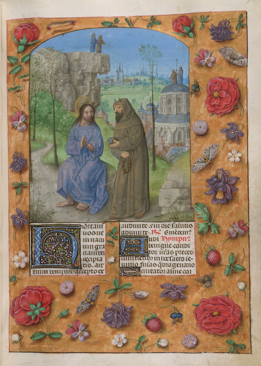 Temptation of Christ. The Temporale; Lent 1. Christ with the devil, dressed as a monk, holding a stone. Behind, the other temptations; Christ and the devil on a rock, and on the dome of the Temple. Text with decorated initial 