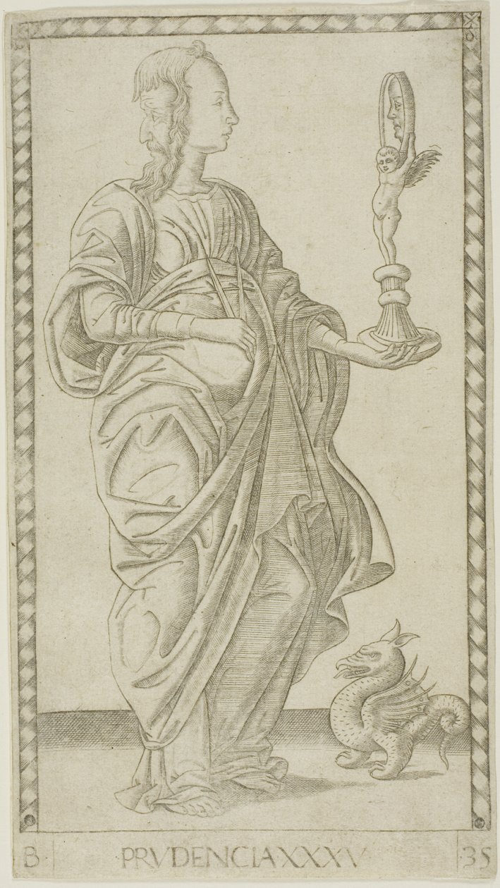 Prudence, plate 35 from Genii and Virtues by Master of the E Series Tarocchi