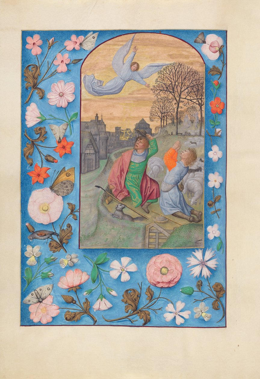Hours of Queen Isabella the Catholic, Queen of Spain: Fol. 131v, Annunciation to the Shepherds by Master of the First Prayerbook of Maximillian