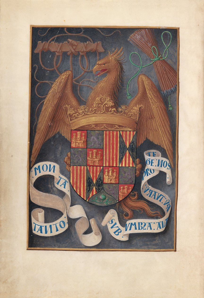 Hours of Queen Isabella the Catholic, Queen of Spain: Fol. 1v, Arms and Mottoes of Isabel..., c1500 by Master of the First Prayerbook of Maximillian