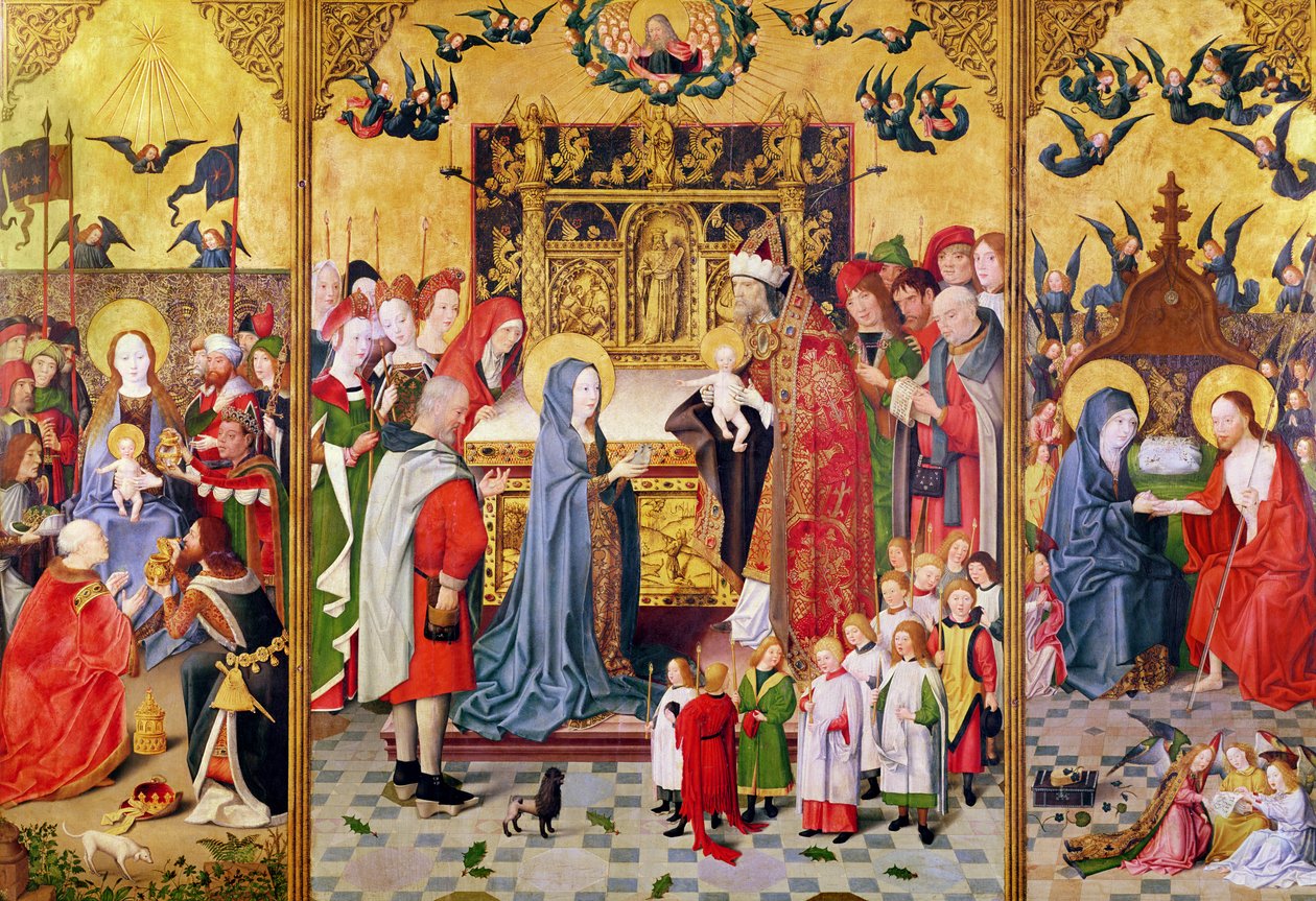 Altarpiece of the Seven Joys of the Virgin, Depicting the Adoration of the Magi, The Presentation in the Temple and Christ Appearing to Mary, c.1480 by Master of the Holy Family