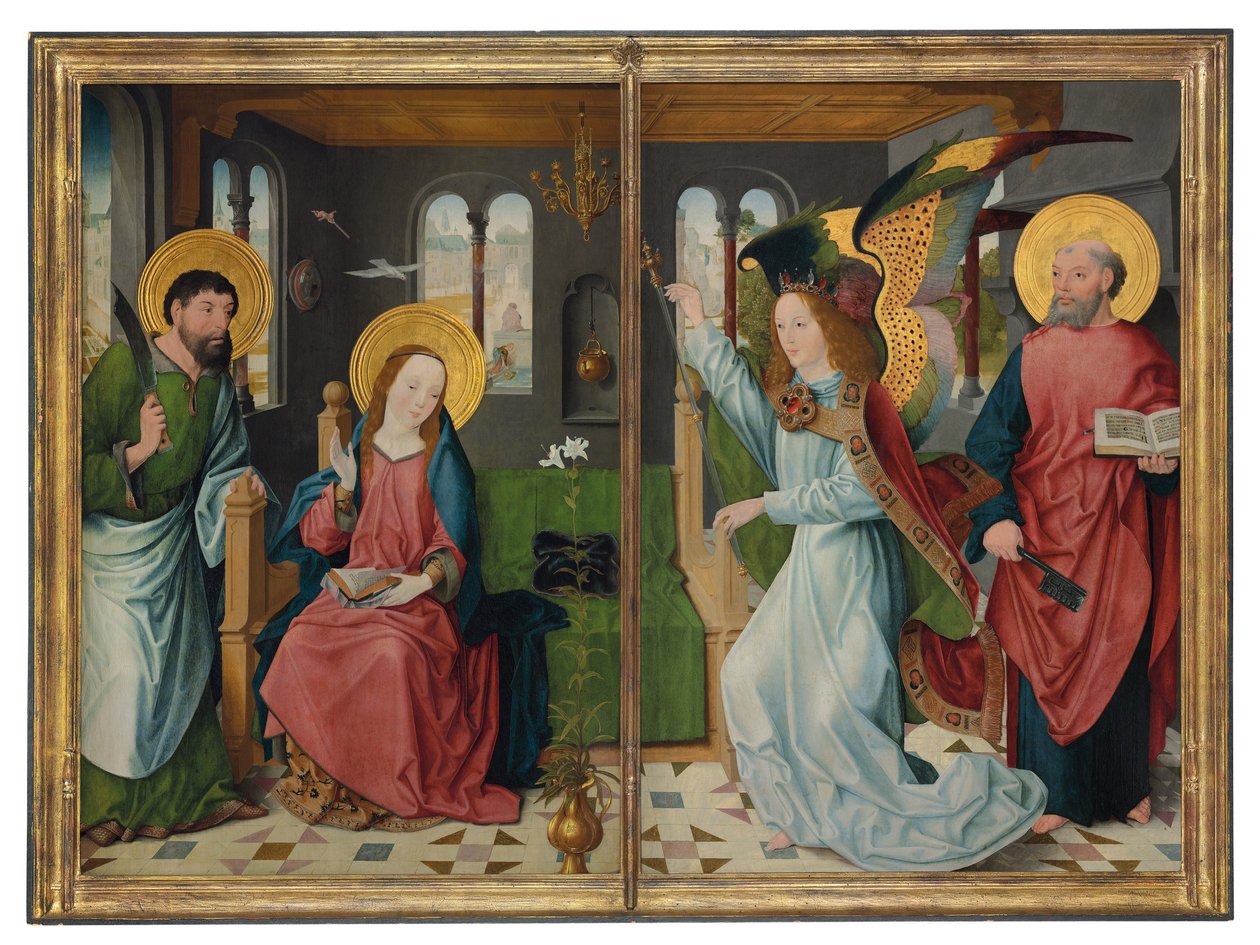 The Annunciation, with Saints Bartholomew and Peter by Master of the Holy Kinship