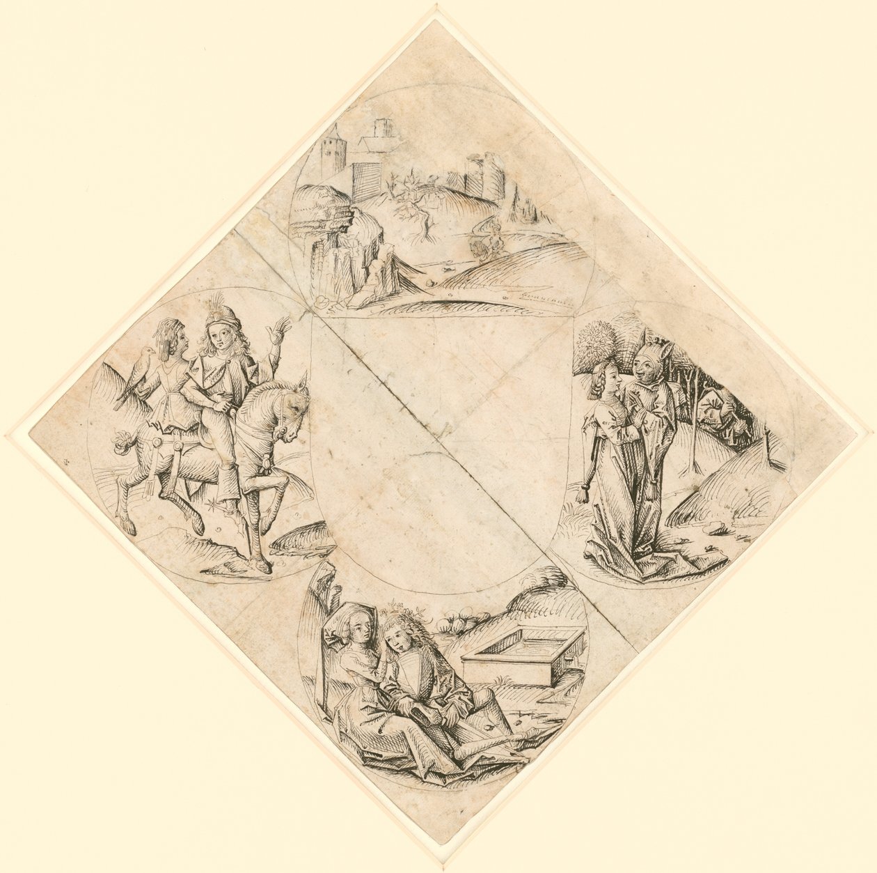 Design for a Quatrefoil with a Castle, Two Lovers, a Maiden Tempted by a Fool, a Couple Seated by a Trough, and a Knight and His Lover Mounted on a Horse by Master of the Housebook