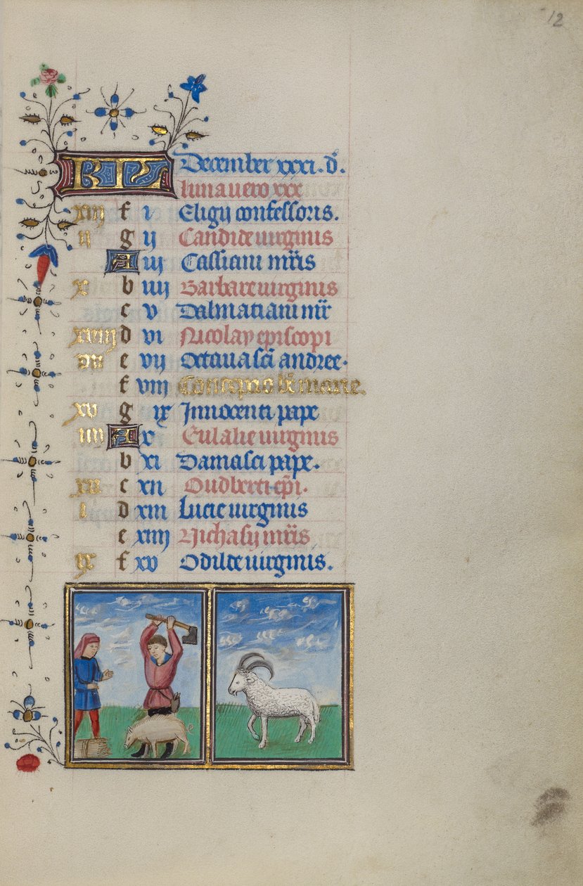 Calendar Page for December; Slaughtering a Pig; Capricorn by Master of the Lee Hours