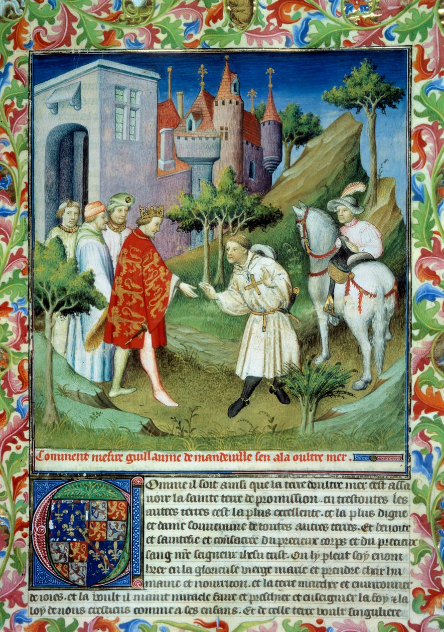 John of Mandeville took away from King Edward II and left England. Miniature in The Book of Wonders of the World. Manuscript enluminated by the Master of Mazarine, written by John of Mandeville by Master of the Mazarine