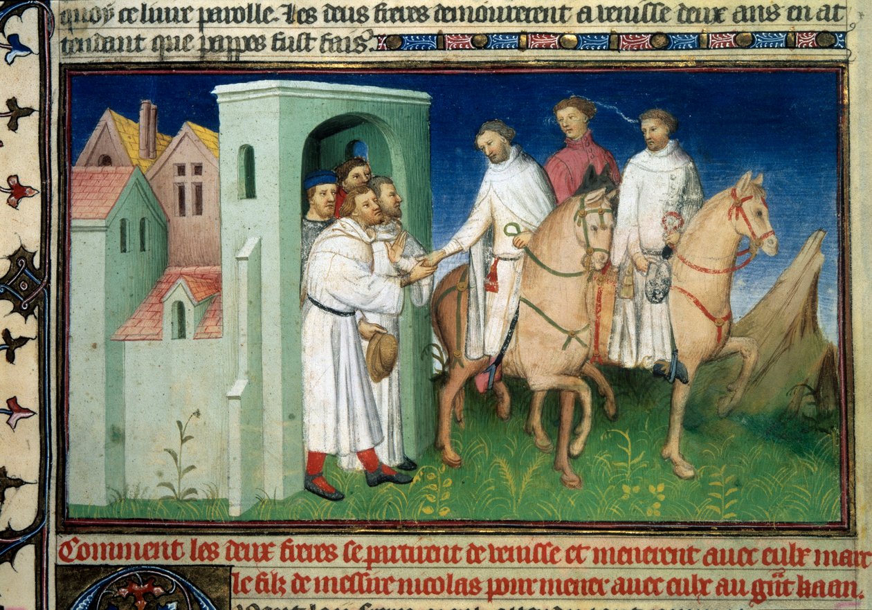 Matteo and Niccolo, the Polo brothers leaving Venice. Miniature taken from 