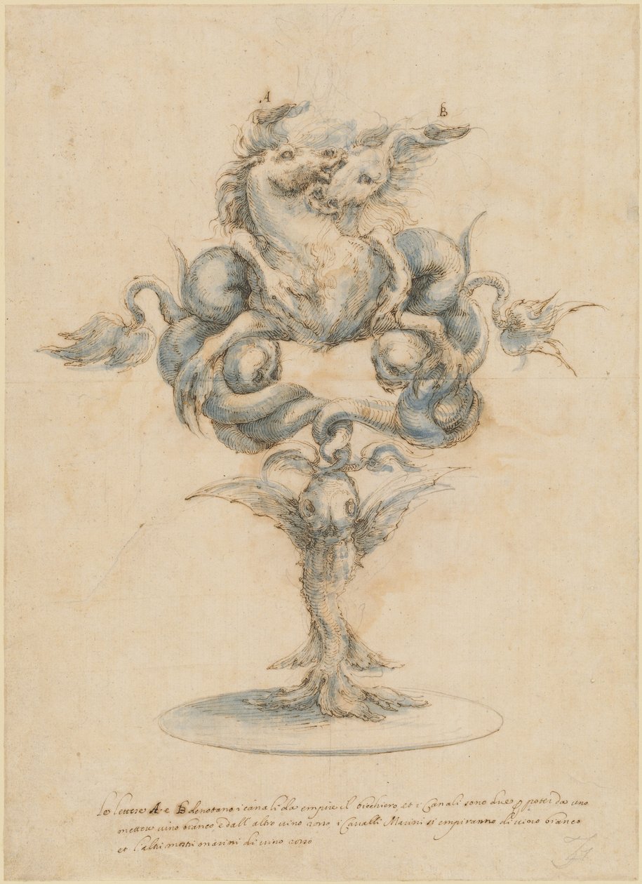 A Wine Decanter with Two Fighting Sea Horses by Master of the Medici Banquet Decanters