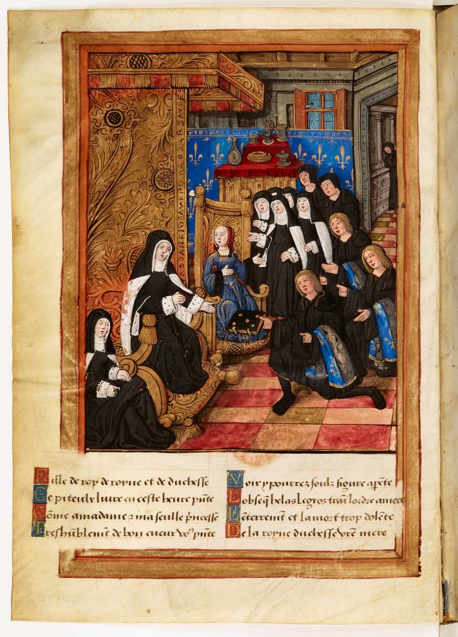 Commemoration and Warning of the Death of Madame Anne, Duchess of Brittany: Dedication Miniature Representing the Author Pierre Choque Giving His Work to Queen Anne of Brittany Who Designates Claude as Her Heiress by Master of the Paris Entries