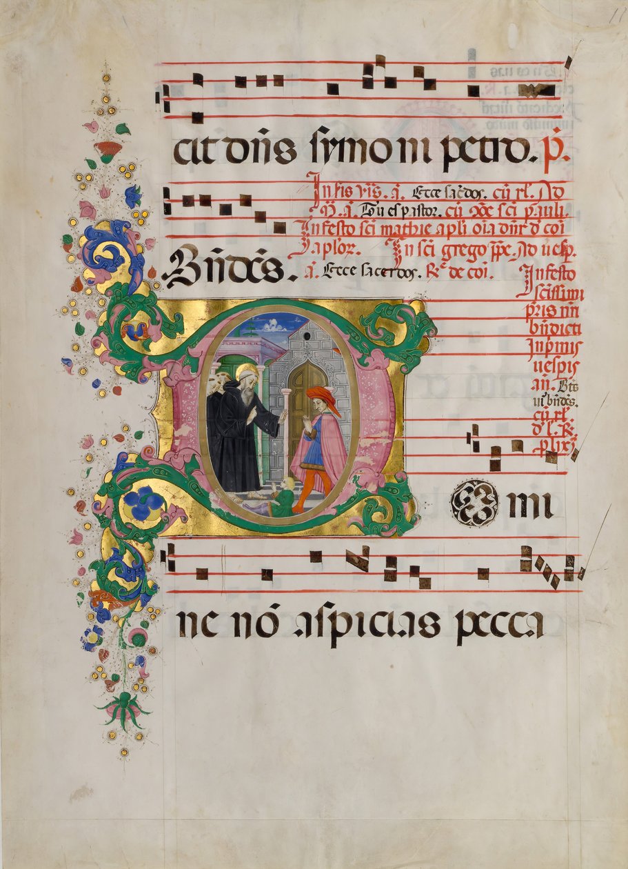 Manuscript Leaf with Saint Benedict Resuscitating a Boy in an Initial D, second half 15th century by Master of the Riccardiana Lactantius