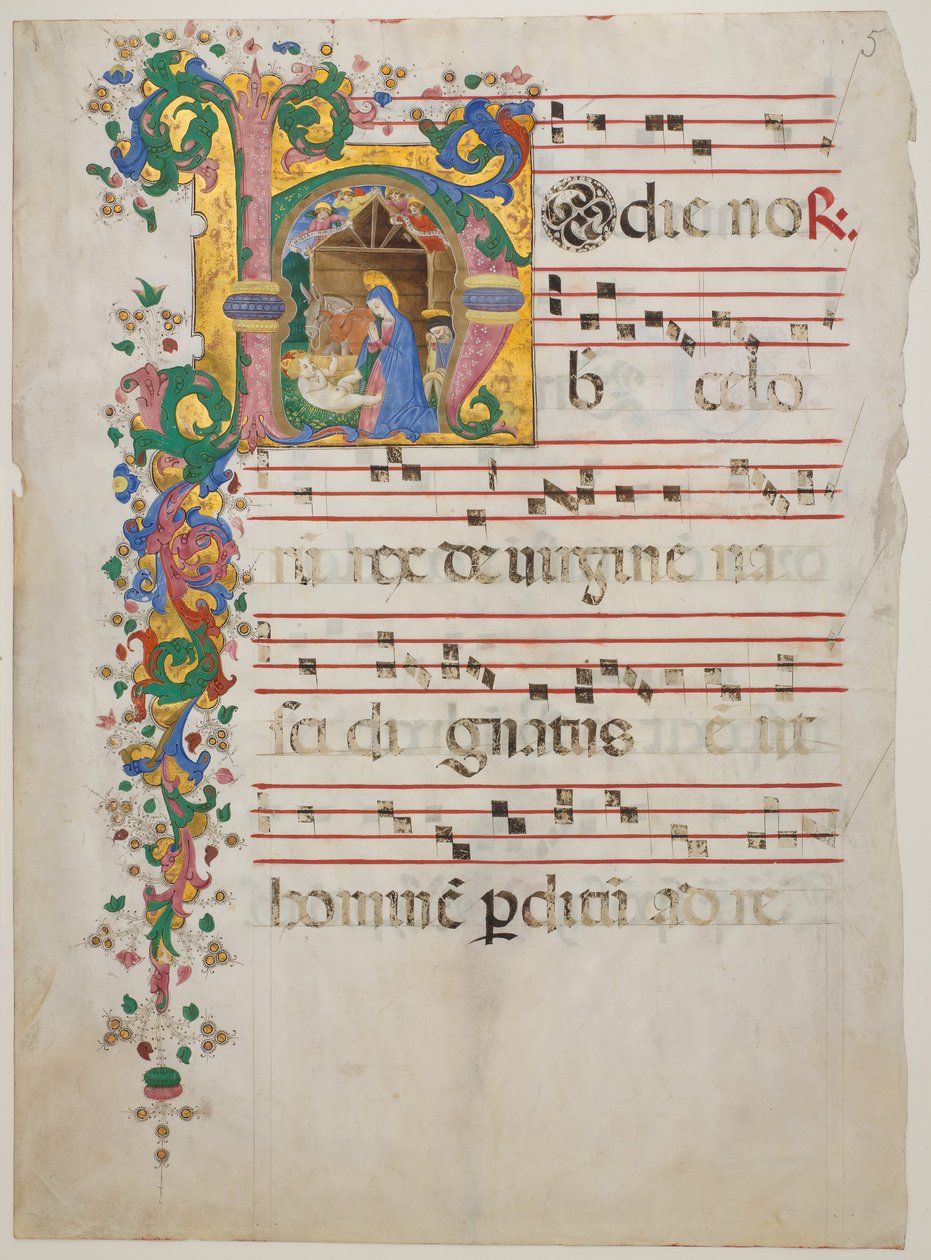 Manuscript Leaf with the Nativity in an Initial H, from an Antiphonary by Master of the Riccardiana Lactantius
