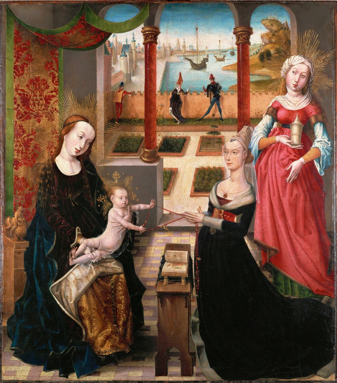 Virgin with child and donor, child playing with a string or jewels; Saint Barbara behind donor; landscape in background by Master of the View of St. Gudule