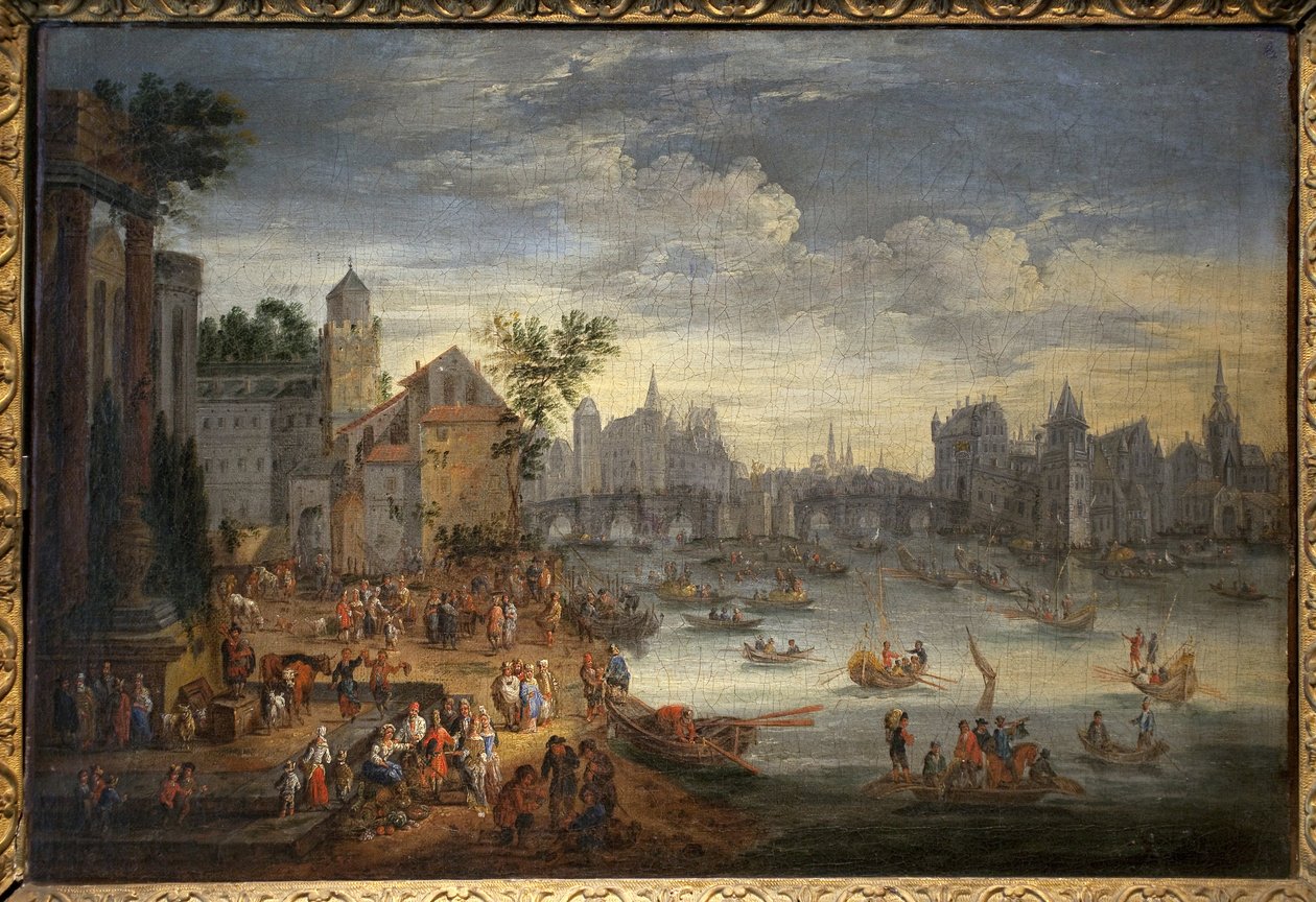 View of Paris with the Pont Neuf. Painting Attributed to Mathieu Schoevaerdts (late 17th century), Oil on Canvas by Mathys Schoevaerdts