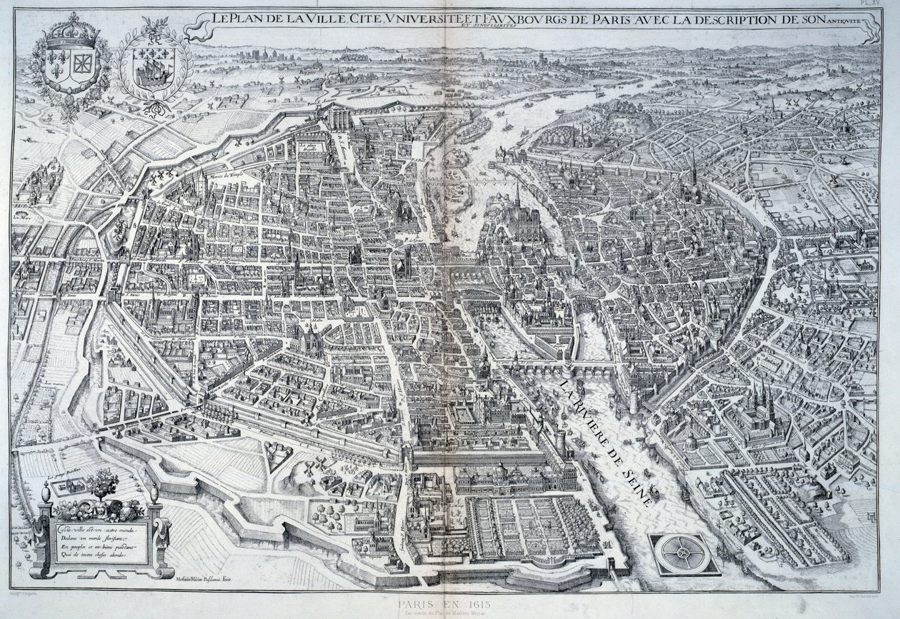 Plan of Paris in 1615. Engraving by Mathieu Merian