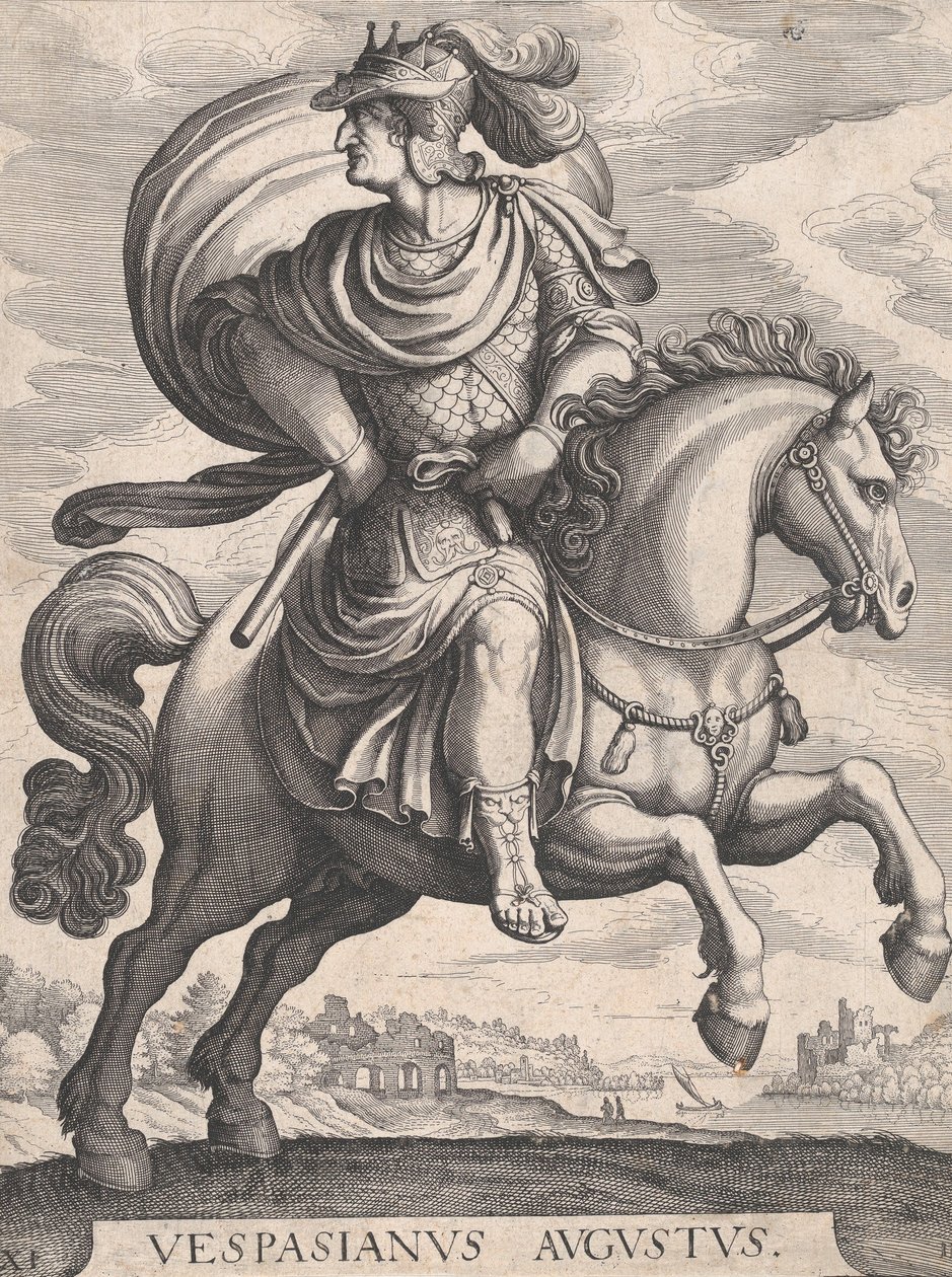 Emperor Vespasian on Horseback, from the series The First Twelve Roman Caesars, plate 1..., 1610-50 by Matthaus Merian