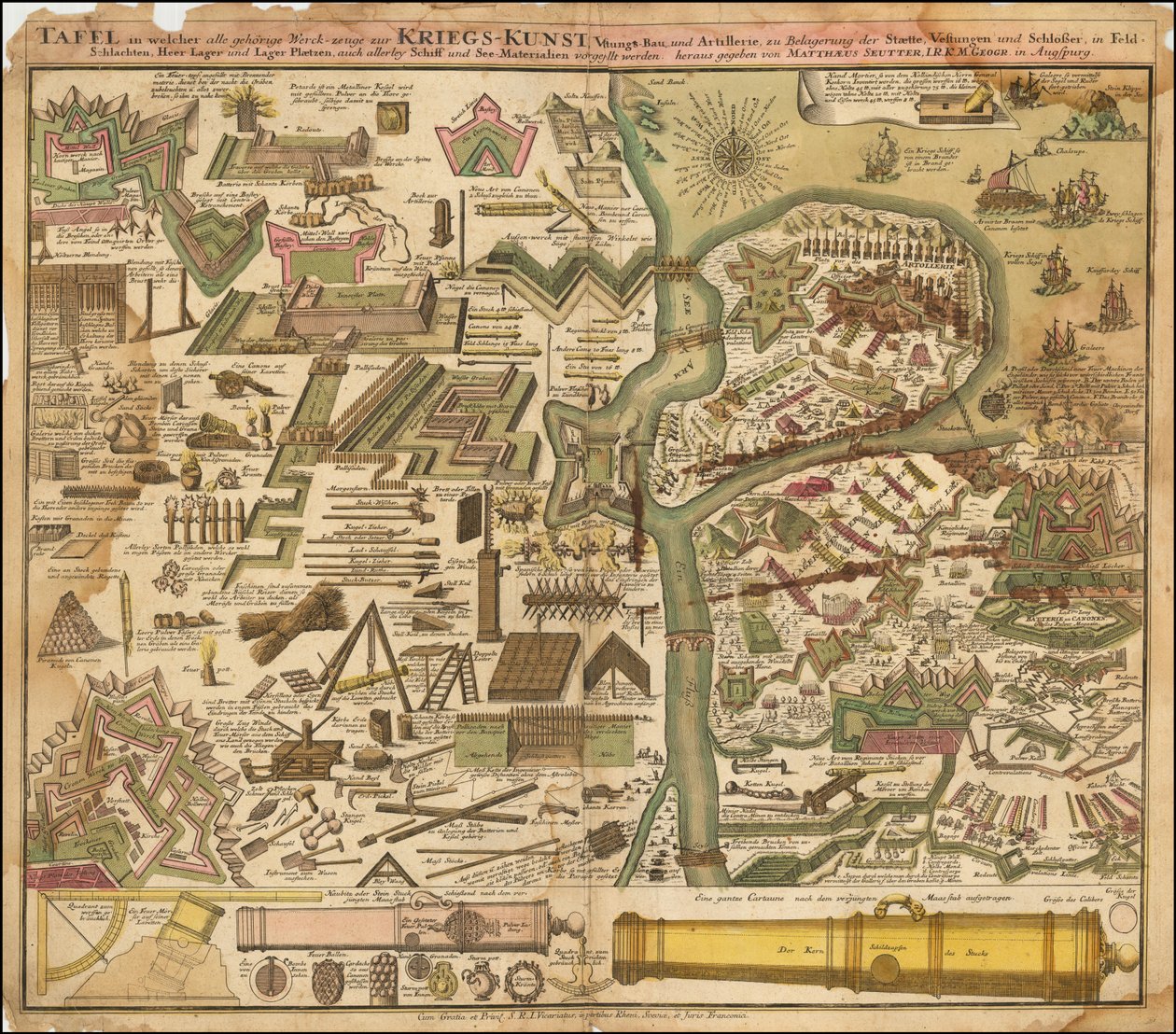 1720 Allegorical Map by Seutter Showing the Art of War, by Land and by Sea by Matthäus Seutter