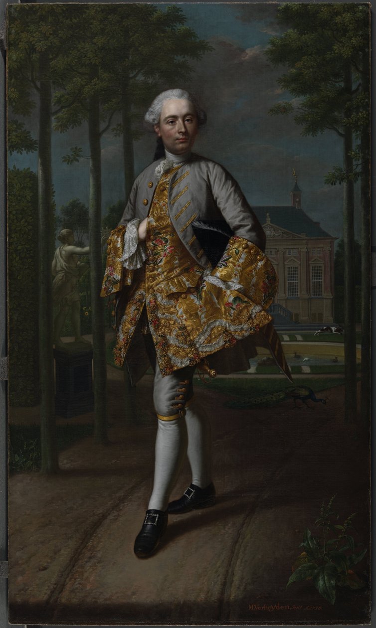 Portrait of Gerard Cornelis van Riebeeck, Secretary of Delft, presumably standing in front of his Country House Essensteyn at Voorburg by Mattheus Verheyden