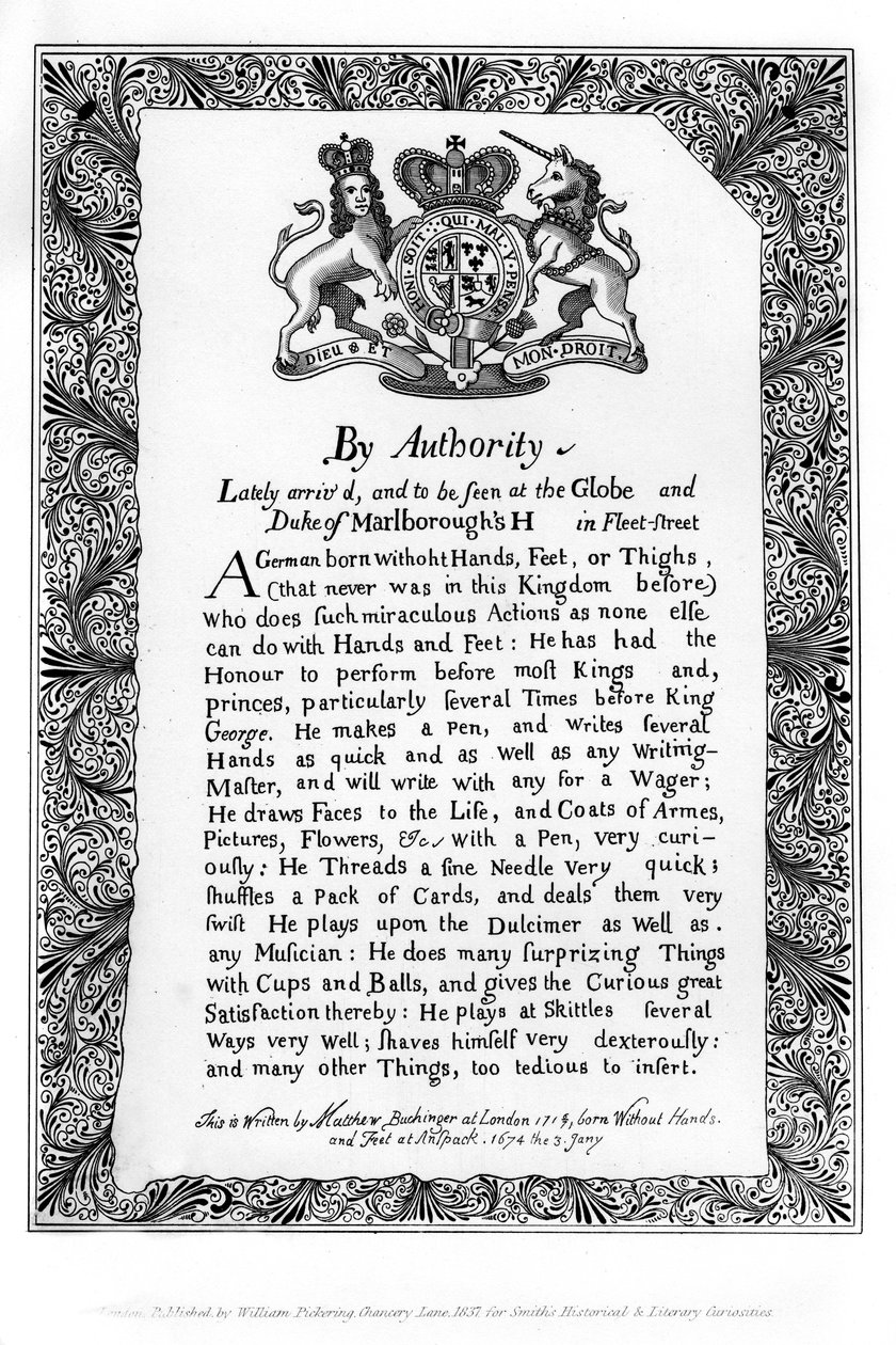 Calligraphic Exhibition Bill of Matthew Buchinger, Dwarf of Nurnburg by Matthew Buchinger