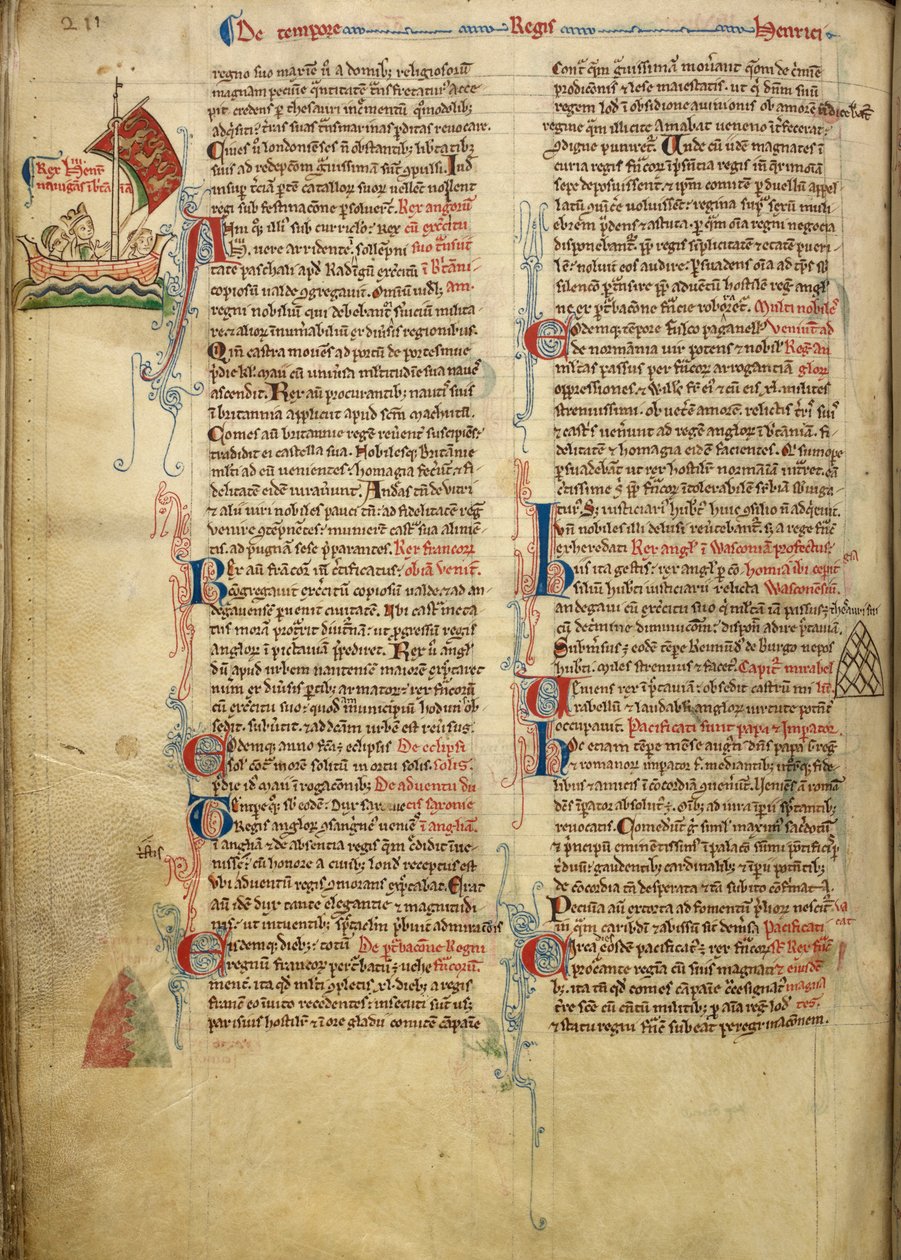 Marginal drawing of King Henry III sailing across the English Channel to Brittany, with part of the accompanying text in the author