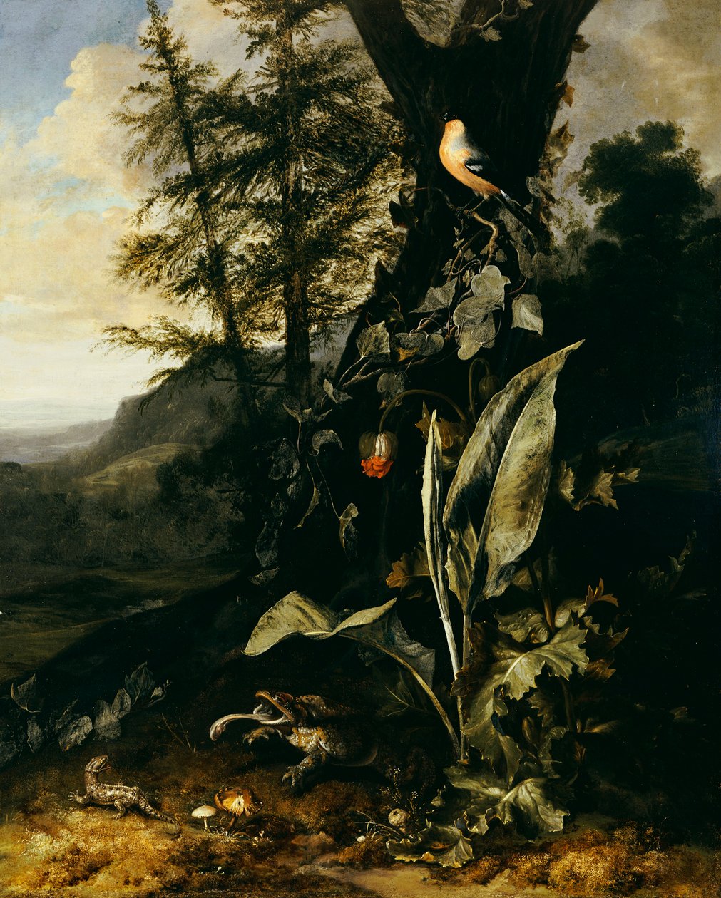 A Forest Floor with a Toad and a Lizard, a Bullfinch on a Branch of Ivy above, and a Mountain beyond by Matthias Withoos