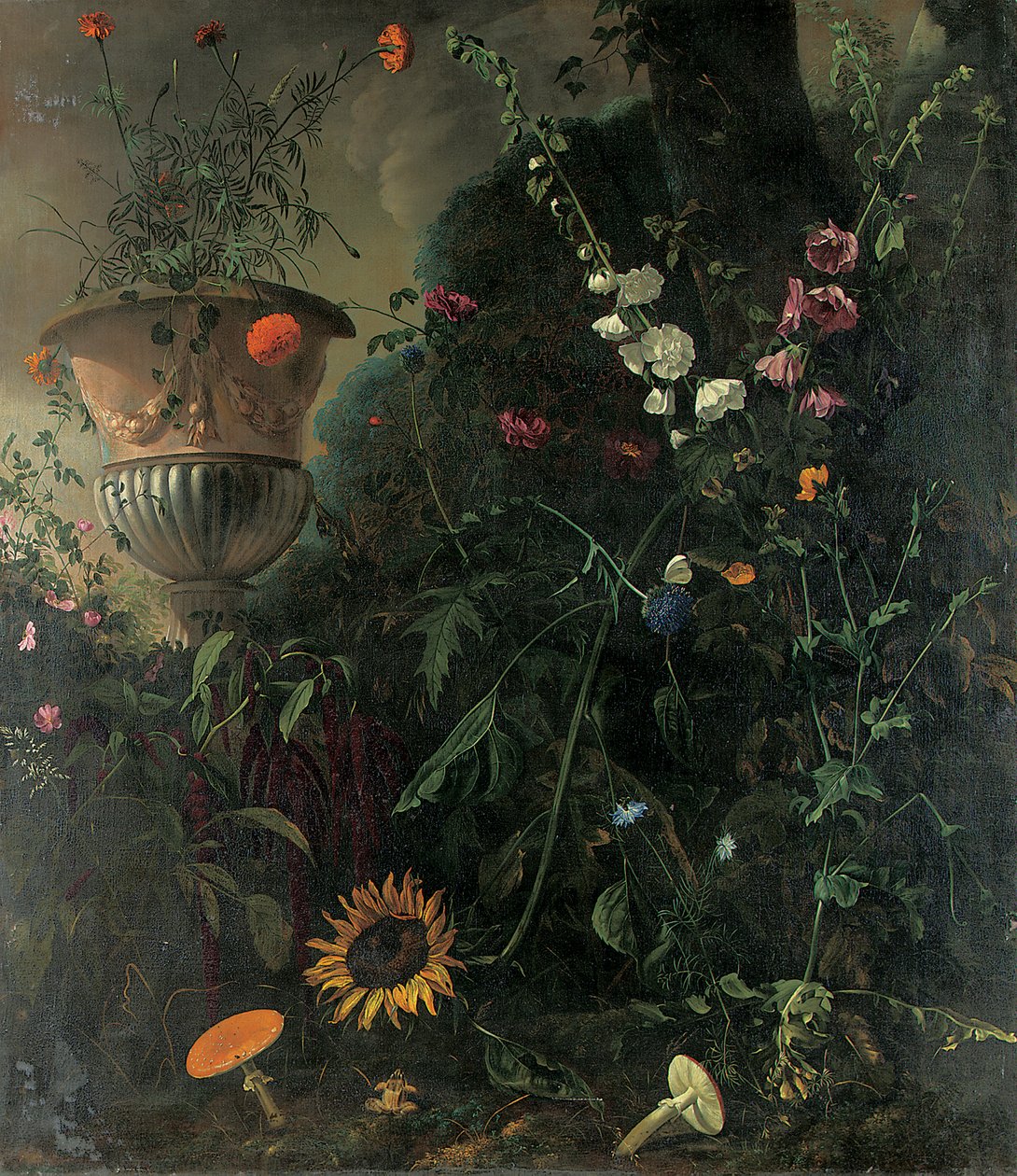 Hollyhocks, Roses, a Blue-Lace Flower, Sunflower and Toadstools, with Marigolds in an Urn by a Tree by Matthias Withoos
