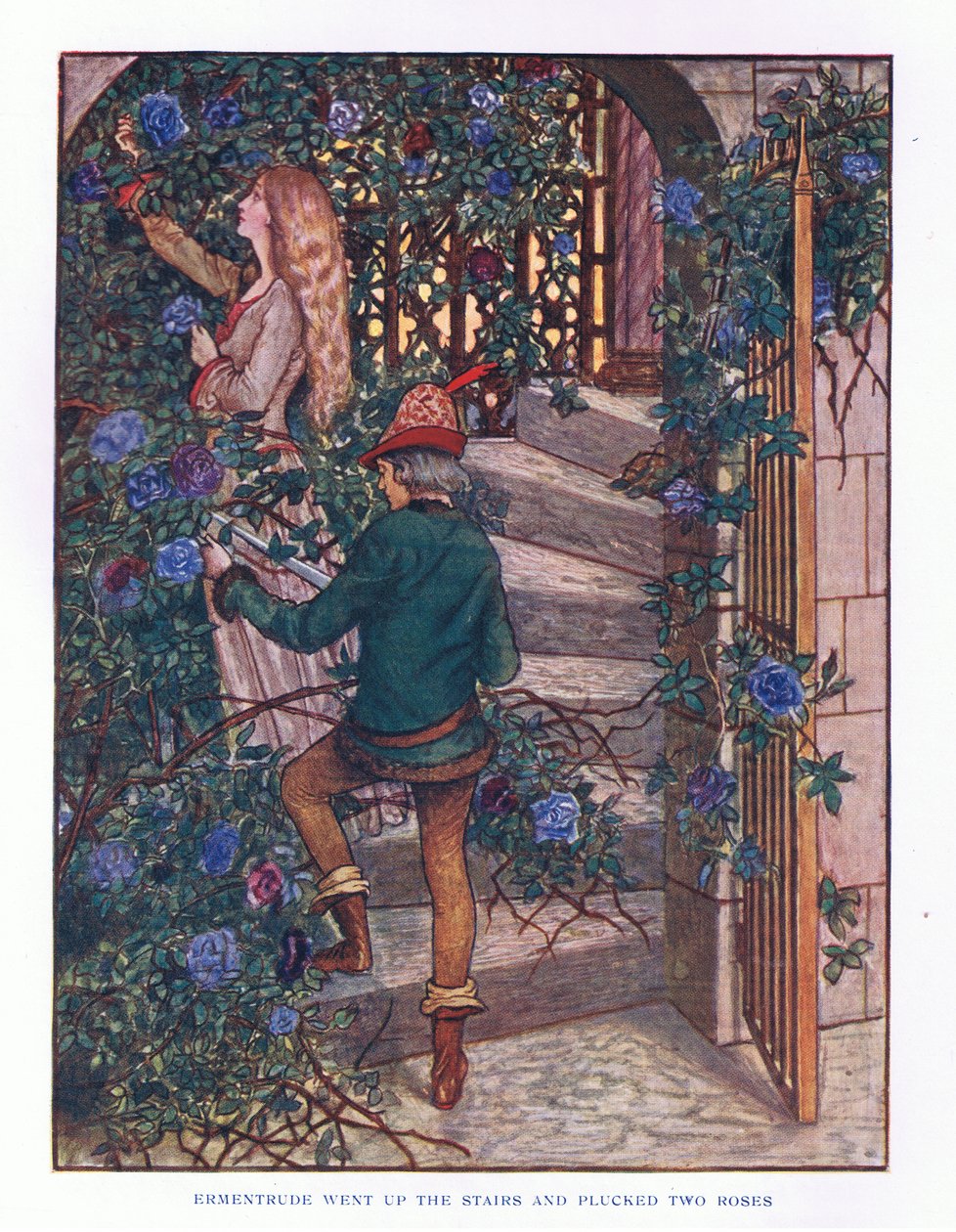 Ermentrude went up the stairs and plucked the roses (illustration from Lady Ann
