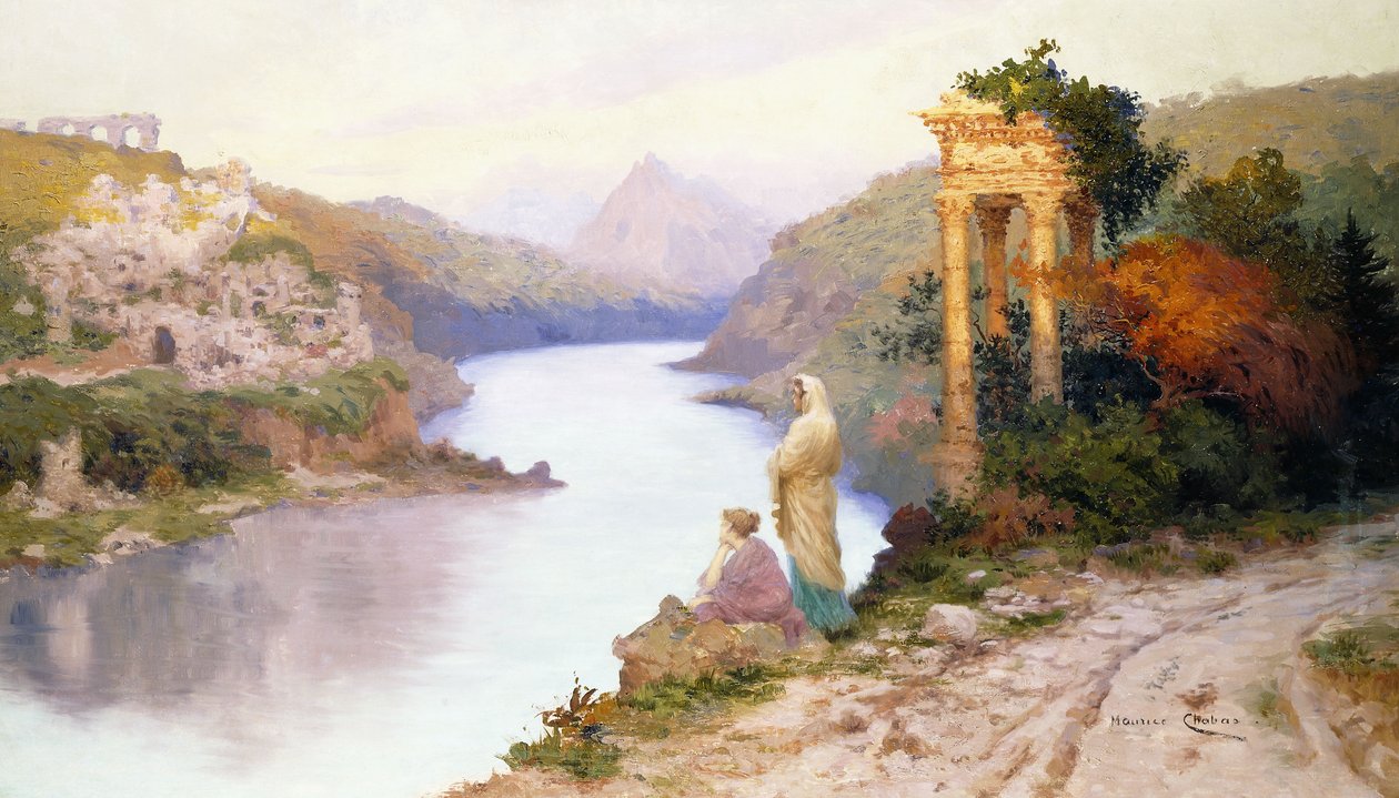 Figures by a River with Classical Ruins by Maurice Chabas