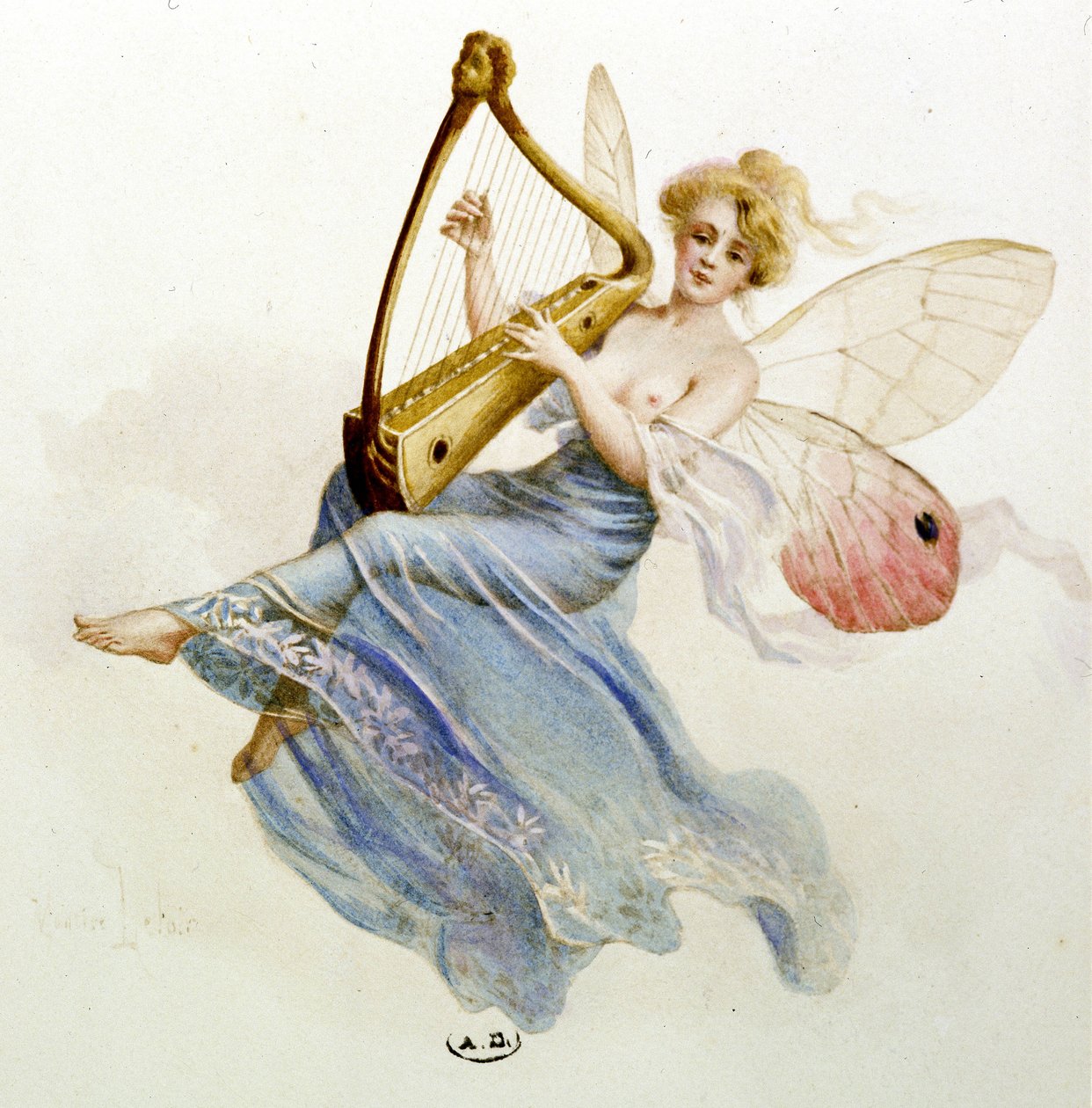 Music: fairy playing the harp. In 