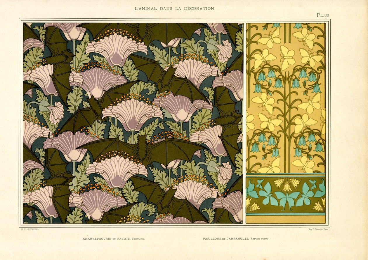 Art Nouveau Surface Patterns with Bat and Butterfly Motifs by Maurice Pillard Verneuil