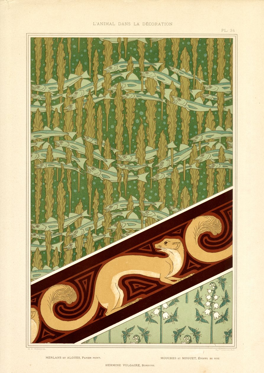 Decorative Art Nouveau Patterns with Fish, Ermine and Lily of the Valley by Maurice Pillard Verneuil