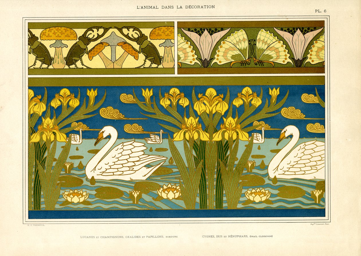 Decorative Borders with Swans, Insects and Iris by Maurice Pillard Verneuil