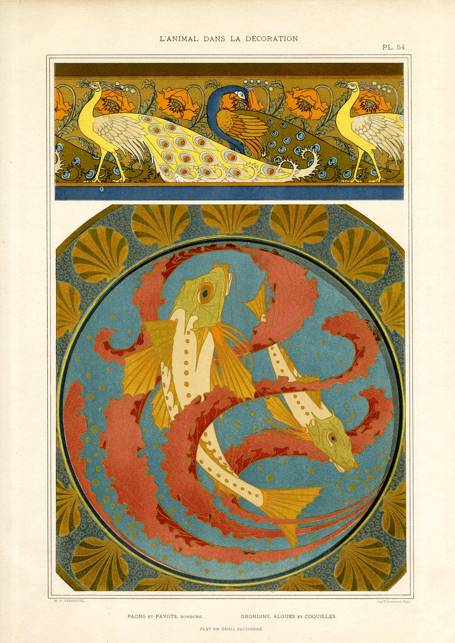Decorative Fish and Peacock Border in Cloisonné Style by Maurice Pillard Verneuil